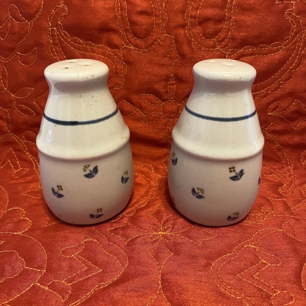 Vintage Porcelain Ceramic Salt‎ Peppe Blue Leaf Top Stripe Gold Green Dot Flower